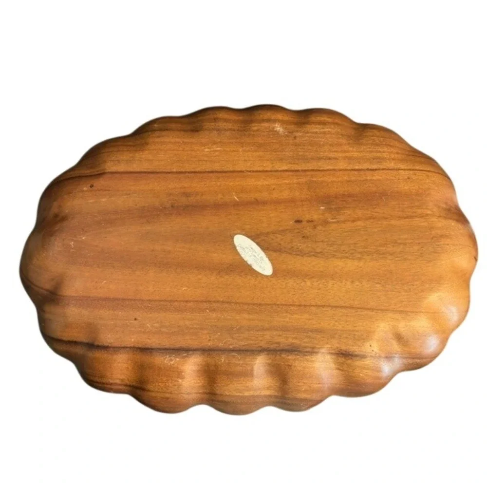 Vintage Monkey Pod Wood Serving Tray Scalloped 4 Compartment Platter Brown 18in